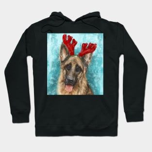 Painting of a German Shepherd With Red Reindeer Antlers Hoodie